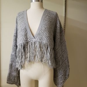 WOW Couture Crop Fringe Vneck Bohemian Gray Crochet Sweater Large